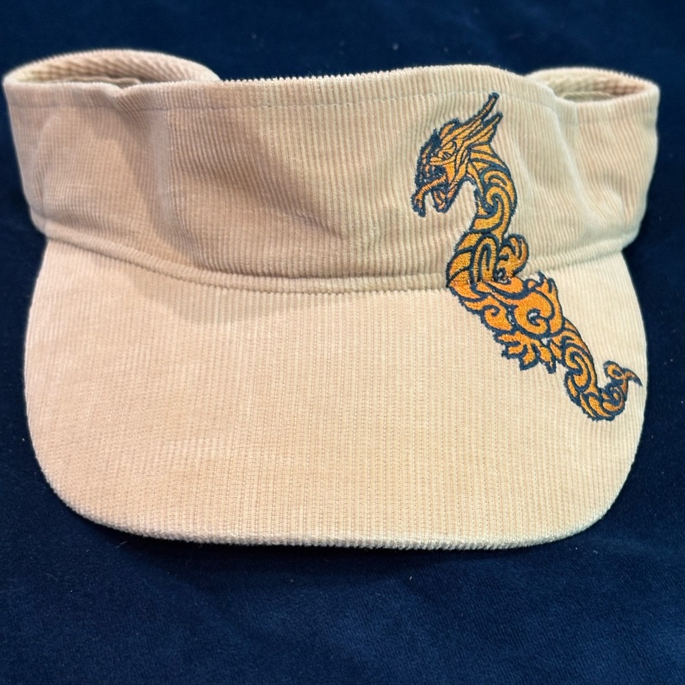 Dragon Embroidered Corduroy Visor Tan Color One Size with Hook and loop closure